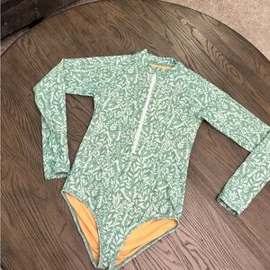 J Crew Crewcuts Floral/ Botanical Rash Guard One-Piece Swimsuit - Seafoam Green